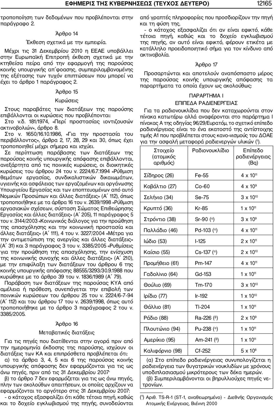 των τυχόν επιπτώσεων που μπορεί να έχει το άρθρο 1 παράγραφος 2. Άρθρο 15 Κυρώσεις Στους παραβάτες των διατάξεων της παρούσης επιβάλλονται οι κυρώσεις που προβλέπονται: Στο ν.δ. 181/1974, «Περί προστασίας ιοντιζουσών ακτινοβολιών», άρθρο 8.