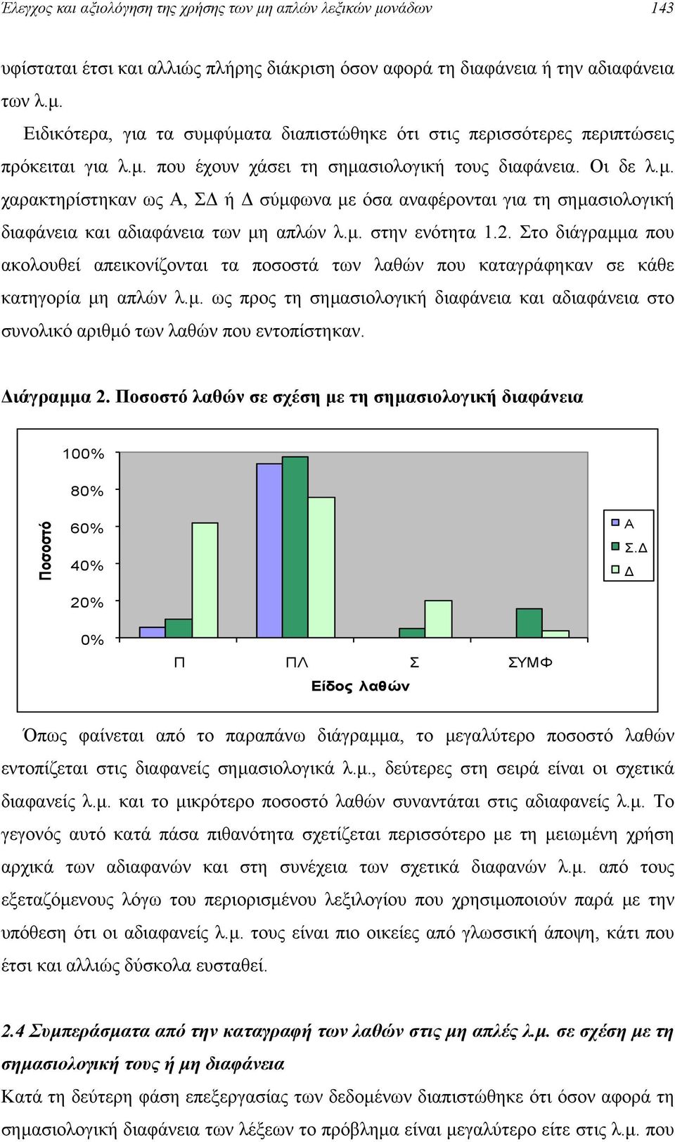 Στο διάγραµµα που ακολουθεί απεικονίζονται τα ποσοστά των λαθών που καταγράφηκαν σε κάθε κατηγορία µη απλών λ.µ. ως προς τη σηµασιολογική διαφάνεια και αδιαφάνεια στο συνολικό αριθµό των λαθών που εντοπίστηκαν.