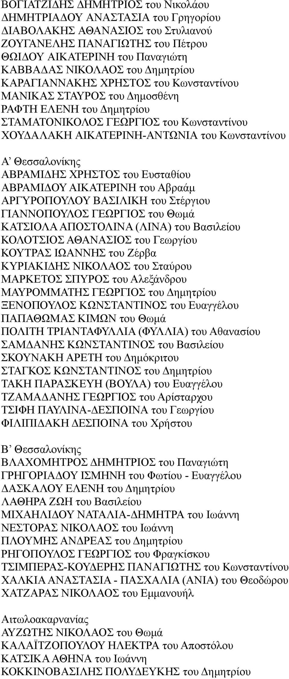 Θεσσαλονίκης ΑΒΡΑΜΙΔΗΣ ΧΡΗΣΤΟΣ του Ευσταθίου ΑΒΡΑΜΙΔΟΥ ΑΙΚΑΤΕΡΙΝΗ του Αβραάμ ΑΡΓΥΡΟΠΟΥΛΟΥ ΒΑΣΙΛΙΚΗ του Στέργιου ΓΙΑΝΝΟΠΟΥΛΟΣ ΓΕΩΡΓΙΟΣ του Θωμά ΚΑΤΣΙΟΛΑ ΑΠΟΣΤΟΛΙΝΑ (ΛΙΝΑ) του Βασιλείου ΚΟΛΟΤΣΙΟΣ