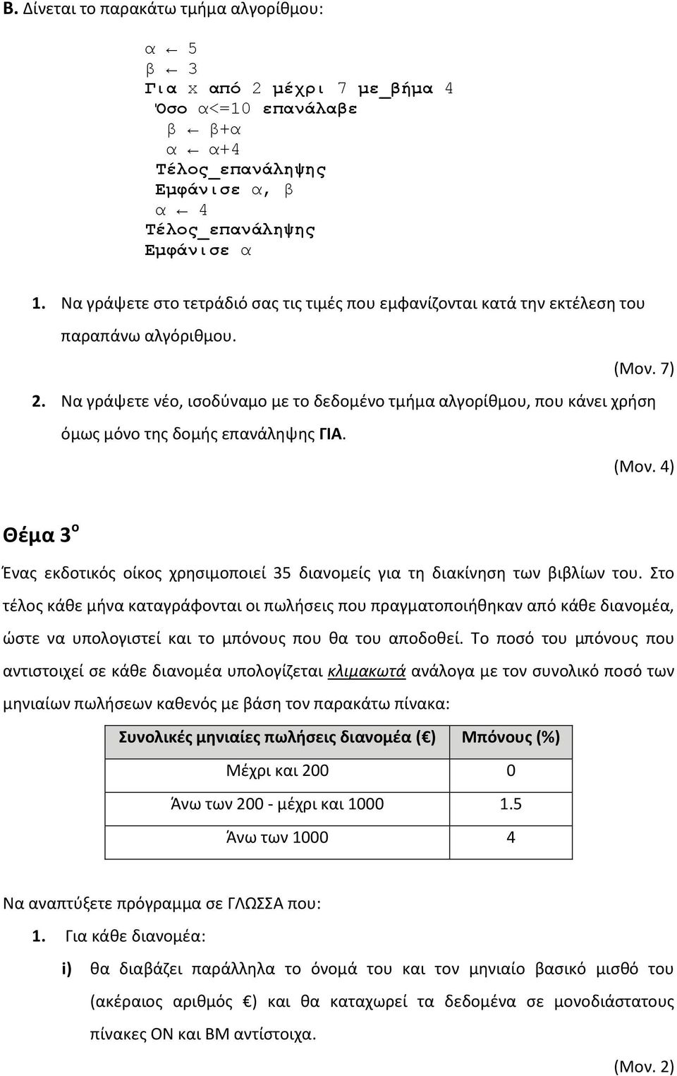 Να γράψετε νζο, ιςοδφναμο με το δεδομζνο τμιμα αλγορίκμου, που κάνει χριςθ όμωσ μόνο τθσ δομισ επανάλθψθσ ΓΙΑ. Θζμα 3 ο Ζνασ εκδοτικόσ οίκοσ χρθςιμοποιεί 35 διανομείσ για τθ διακίνθςθ των βιβλίων του.