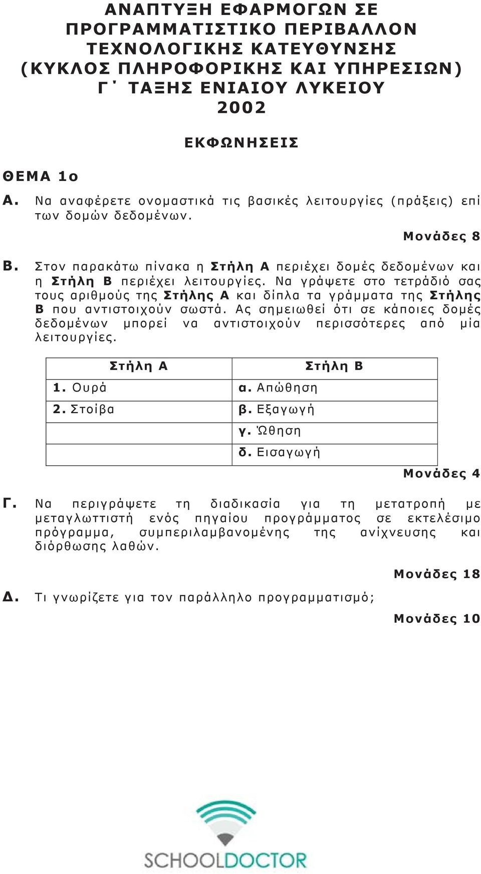 Να γράψετε στο τετράδιό σας τους αριθμούς της Στήλης Α και δίπλα τα γράμματα της Στήλης Β που αντιστοιχούν σωστά.