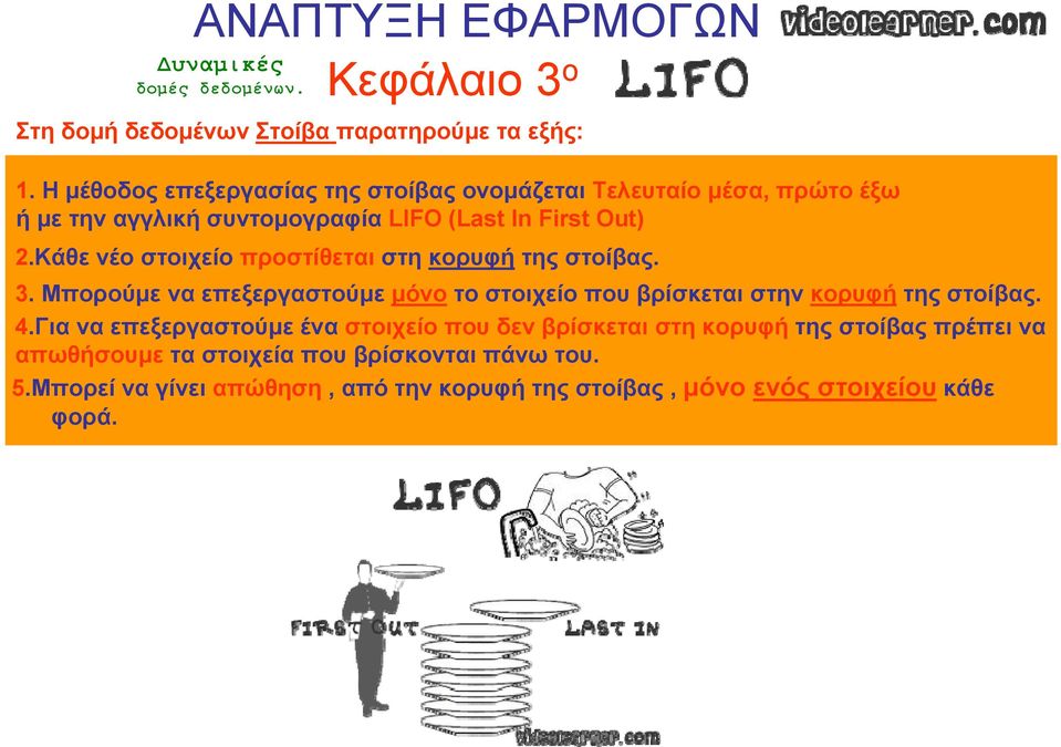 Κάθε νέο στοιχείο προστίθεται στη κορυφή της στοίβας. 3.