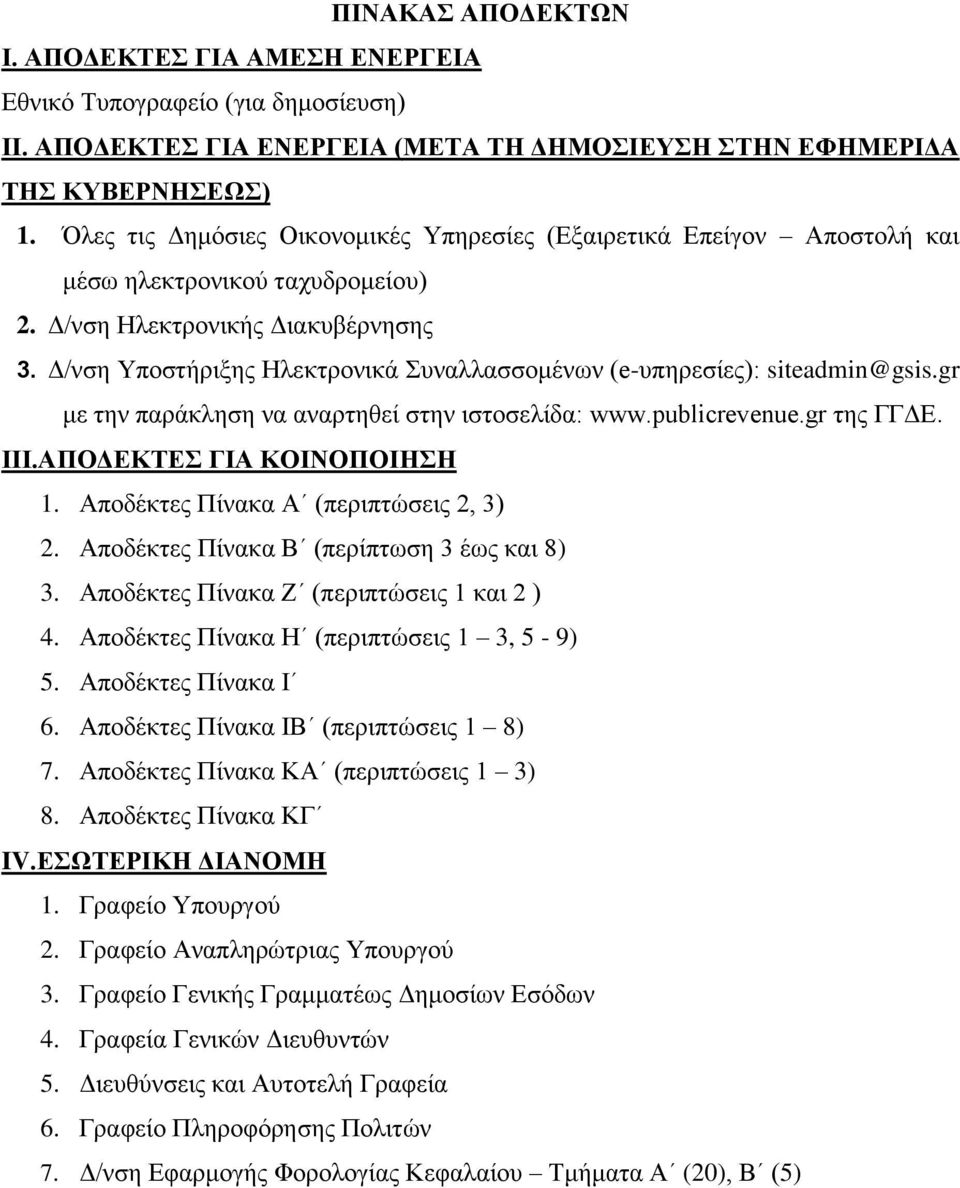 Δ/νση Υποστήριξης Ηλεκτρονικά Συναλλασσομένων (e-υπηρεσίες): siteadmin@gsis.gr με την παράκληση να αναρτηθεί στην ιστοσελίδα: www.publicrevenue.gr της ΓΓΔΕ. ΙΙΙ.ΑΠΟΔΕΚΤΕΣ ΓΙΑ ΚΟΙΝΟΠΟΙΗΣΗ 1.