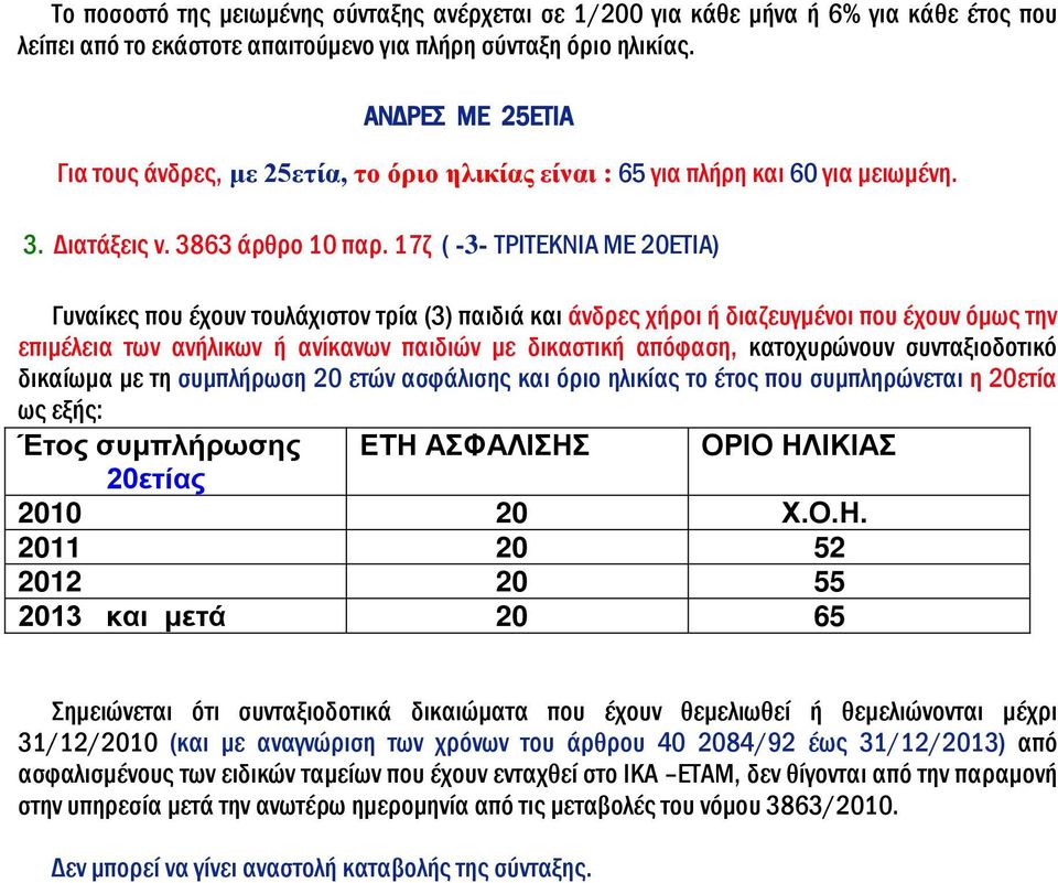 17ζ ( -3- ΤΡΙΤΕΚΝΙΑ ΜΕ 20ΕΤΙΑ) Γυναίκες που έχουν τουλάχιστον τρία (3) παιδιά και άνδρες χήροι ή διαζευγμένοι που έχουν όμως την επιμέλεια των ανήλικων ή ανίκανων παιδιών με δικαστική απόφαση,