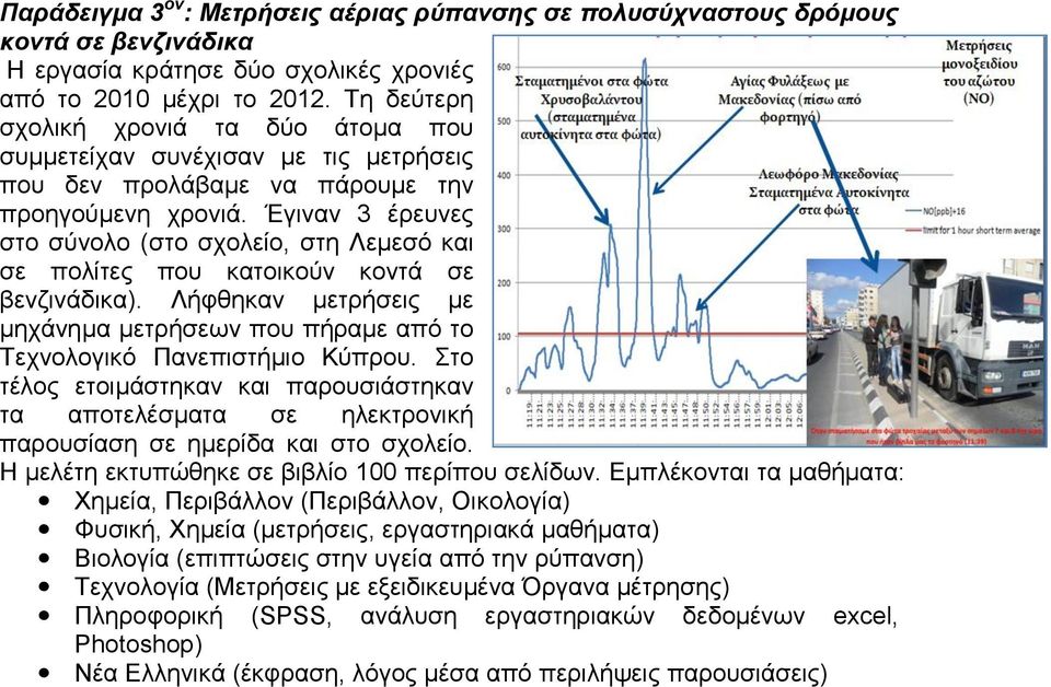 Έγιναν 3 έρευνες στο σύνολο (στο σχολείο, στη Λεμεσό και σε πολίτες που κατοικούν κοντά σε βενζινάδικα). Λήφθηκαν μετρήσεις με μηχάνημα μετρήσεων που πήραμε από το Τεχνολογικό Πανεπιστήμιο Κύπρου.