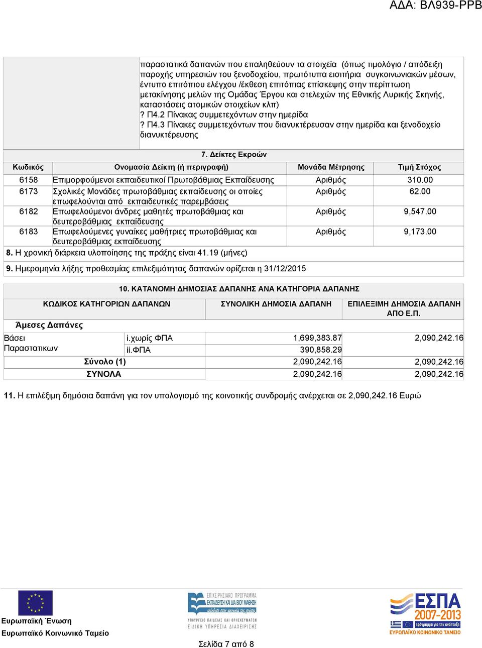 εκπαίδευσης 8. Η χρονική διάρκεια υλοποίησης της πράξης είναι 41.19 (μήνες) 9. Ημερομηνία λήξης προθεσμίας επιλεξιμότητας δαπανών ορίζεται η 31/12/2015 Αριθμός Αριθμός Αριθμός Αριθμός 10.