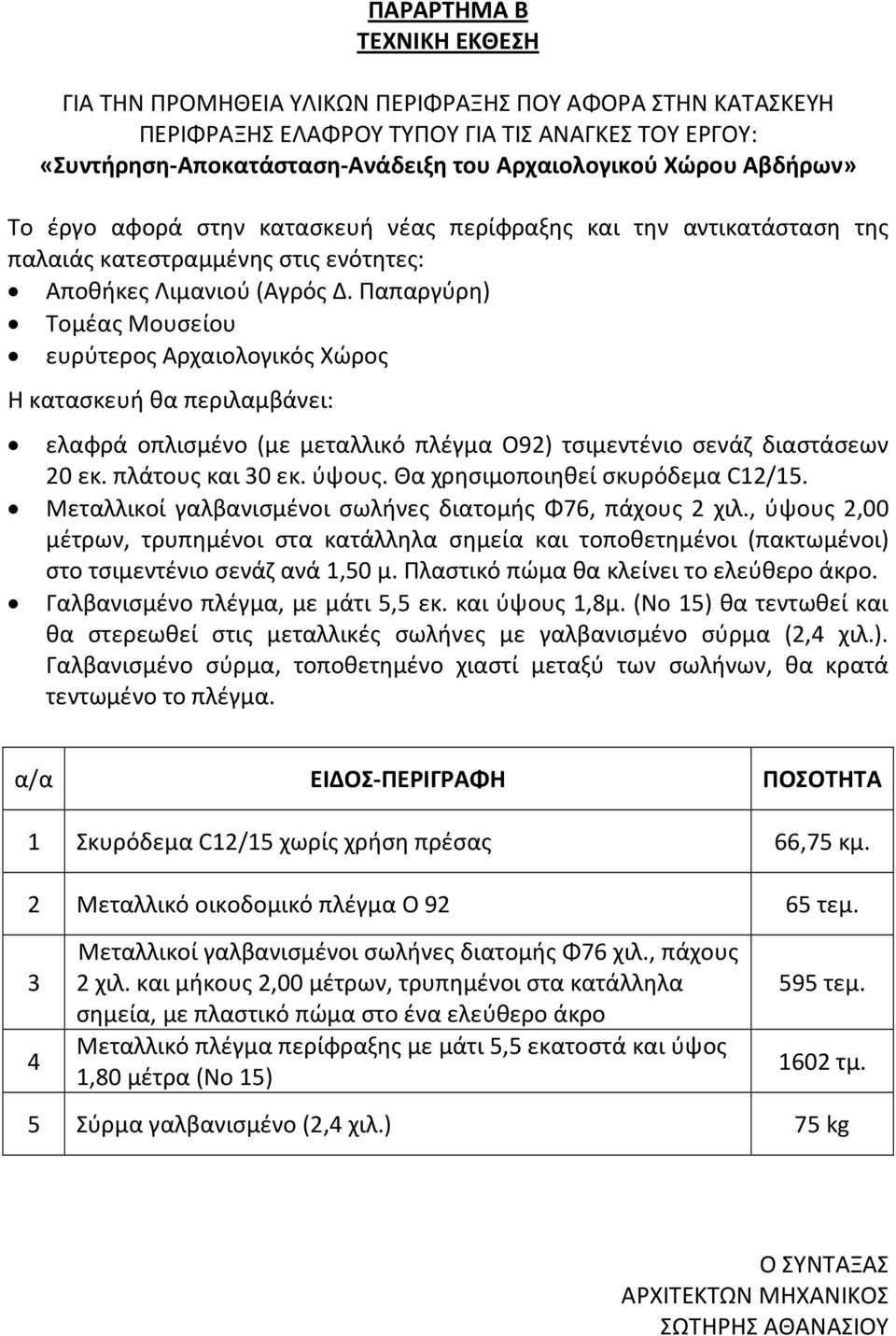 Παπαργύρη) Τομέας Μουσείου ευρύτερος Αρχαιολογικός Χώρος Η κατασκευή θα περιλαμβάνει: ελαφρά οπλισμένο (με μεταλλικό πλέγμα Ο92) τσιμεντένιο σενάζ διαστάσεων 20 εκ. πλάτους και 30 εκ. ύψους.