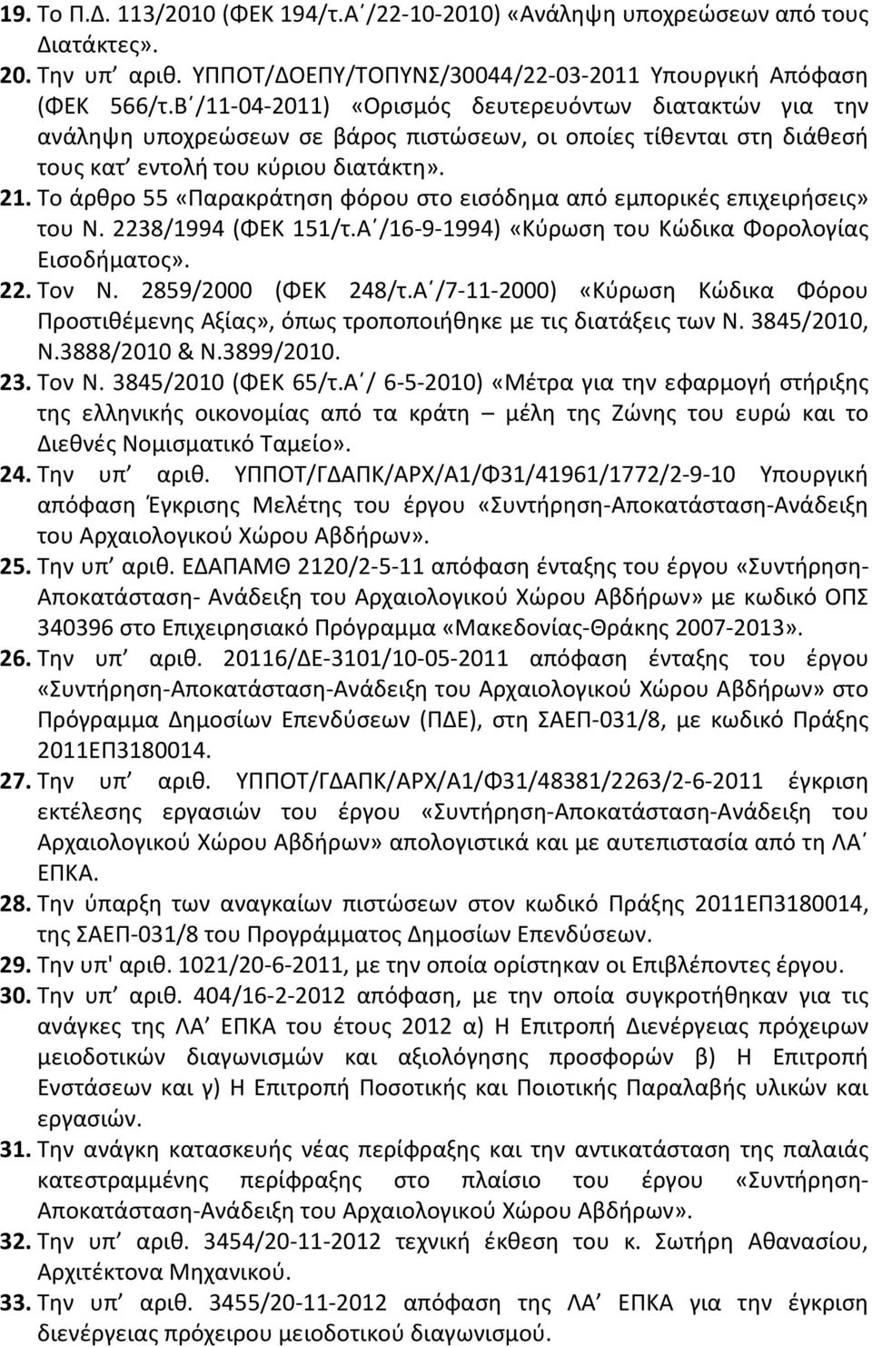 Το άρθρο 55 «Παρακράτηση φόρου στο εισόδημα από εμπορικές επιχειρήσεις» του Ν. 2238/1994 (ΦΕΚ 151/τ.Α /16-9-1994) «Κύρωση του Κώδικα Φορολογίας Εισοδήματος». 22. Τον Ν. 2859/2000 (ΦΕΚ 248/τ.