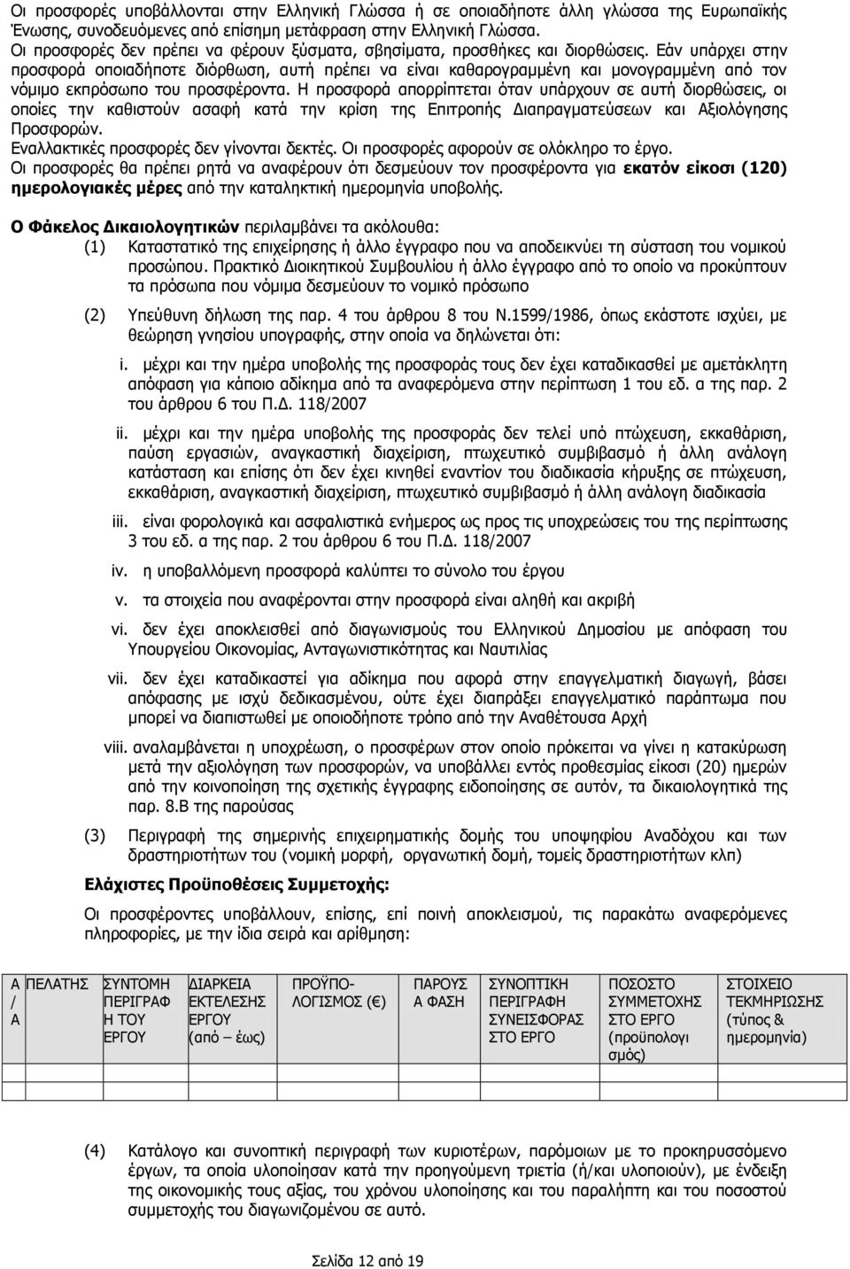 Εάν υπάρχει στην προσφορά οποιαδήποτε διόρθωση, αυτή πρέπει να είναι καθαρογραμμένη και μονογραμμένη από τον νόμιμο εκπρόσωπο του προσφέροντα.