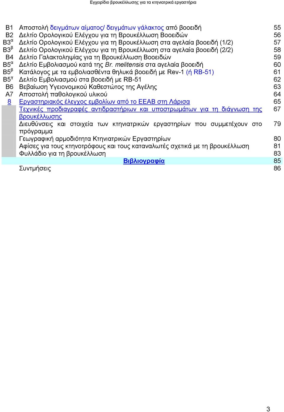 melitensis ζηα αγειαία βννεηδή 60 Β5 β Καηάινγνο κε ηα εκβνιηαζζέληα ζειπθά βννεηδή κε Rev-1 (ή RB-51) 61 Β5 γ Γειηίν Δκβνιηαζκνχ ζηα βννεηδή κε RB-51 62 Β6 Βεβαίσζε Τγεηνλνκηθνχ Καζεζηψηνο ηεο