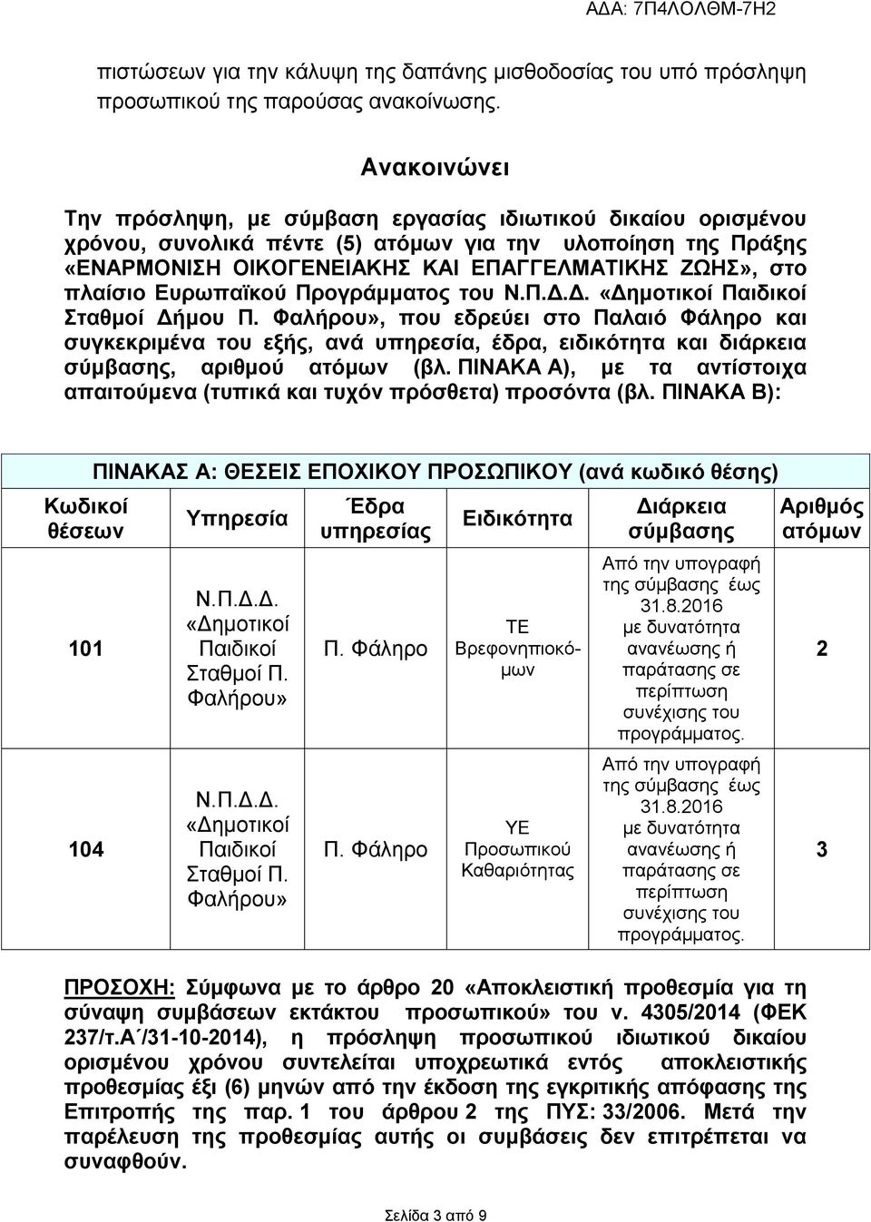 πλαίσιο Ευρωπαϊκού Προγράμματος του Ν.Π.Δ.Δ. «Δημοτικοί Παιδικοί Σταθμοί Δήμου Π.