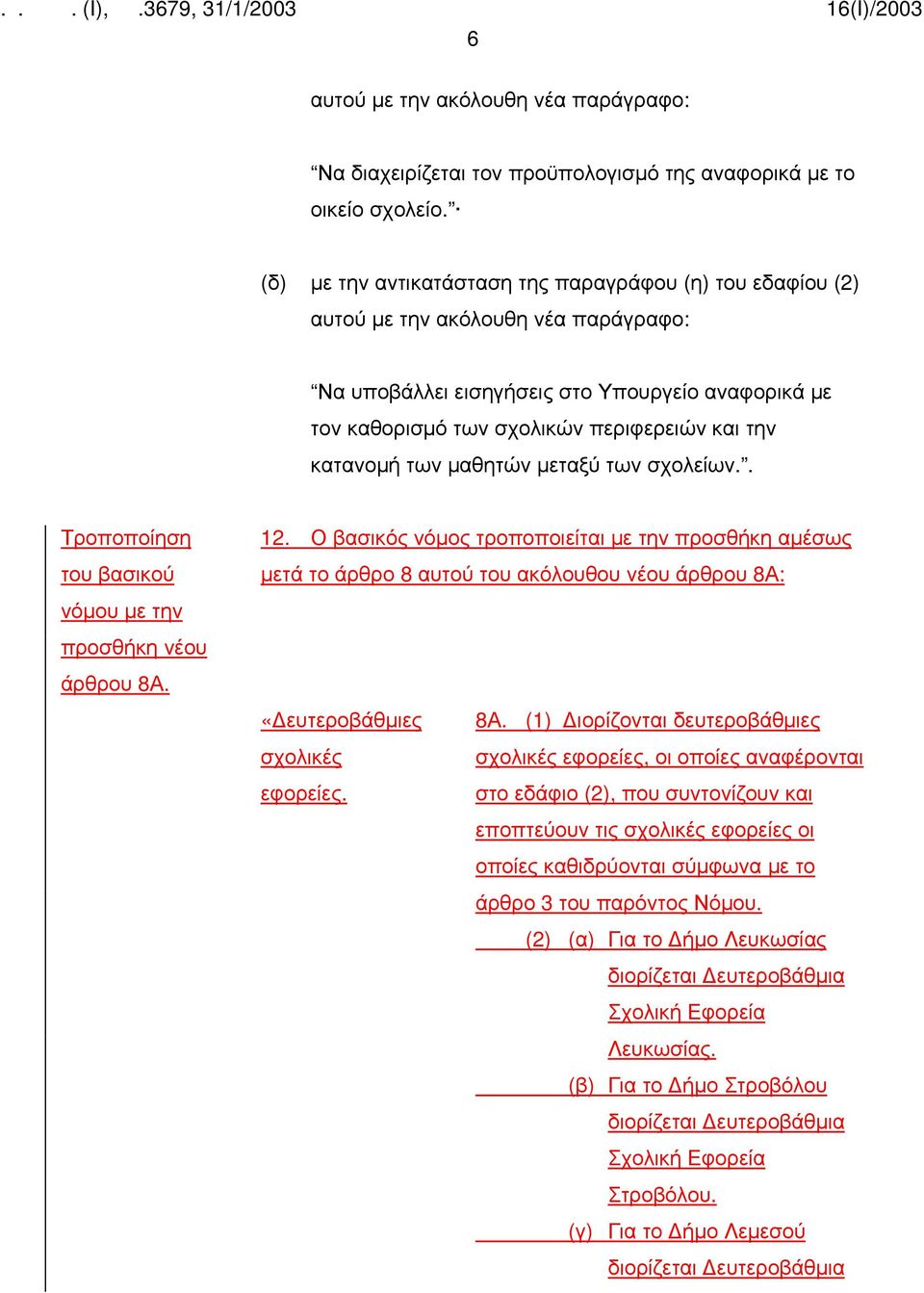 κατανομή των μαθητών μεταξύ των σχολείων.. Τροποποίηση νόμου με την προσθήκη νέου άρθρου 8Α. 12.