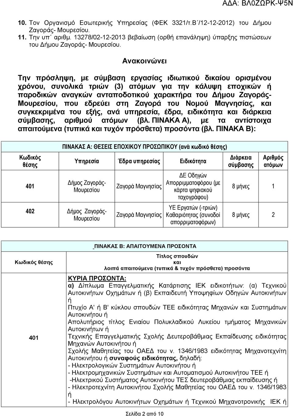 Ανακοινώνει Την πρόσληψη, µε σύµβαση εργασίας ιδιωτικού δικαίου ορισµένου χρόνου, συνολικά τριών (3) ατόµων για την κάλυψη εποχικών ή παροδικών αναγκών ανταποδοτικού χαρακτήρα του ήµου Ζαγοράς-