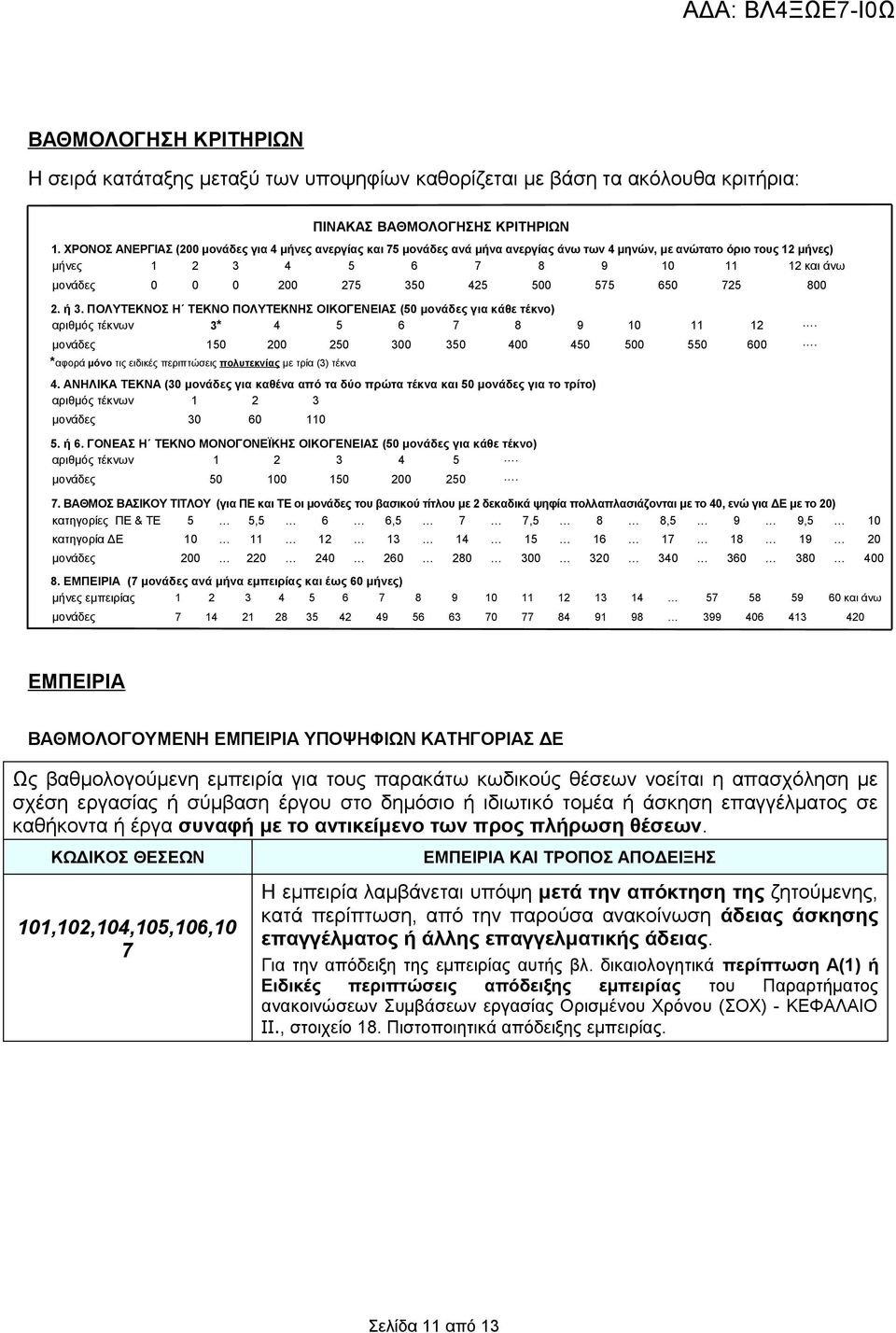 575 650 725 800 2. ή 3. ΠΟΛΥΤΕΚΝΟΣ Η ΤΕΚΝΟ ΠΟΛΥΤΕΚΝΗΣ ΟΙΚΟΓΕΝΕΙΑΣ (50 μονάδες για κάθε τέκνο) αριθμός τέκνων 3* 4 5 6 7 8 9 10 11 12. μονάδες 150 200 250 300 350 400 450 500 550 600.