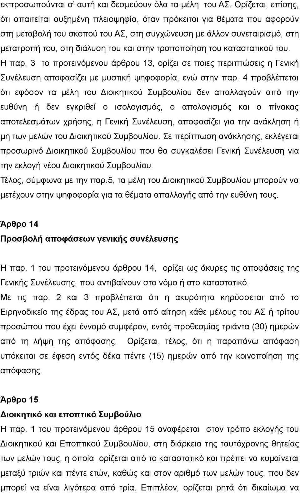 και στην τροποποίηση του καταστατικού του. Η παρ. 3 το προτεινόμενου άρθρου 13, ορίζει σε ποιες περιπτώσεις η Γενική Συνέλευση αποφασίζει με μυστική ψηφοφορία, ενώ στην παρ.