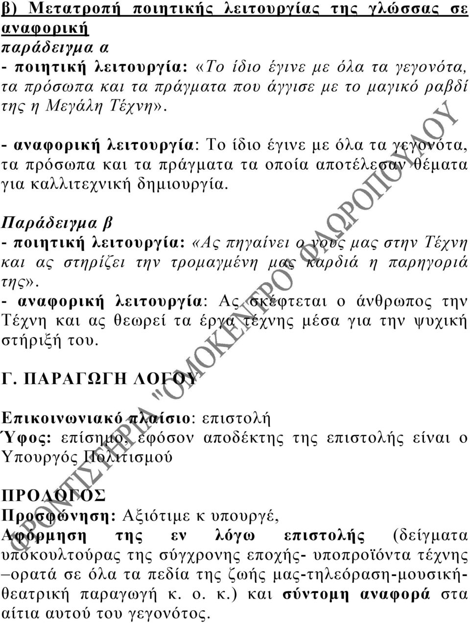 Παράδειγμα β - ποιητική λειτουργία: «Ας πηγαίνει ο νους μας στην Τέχνη και ας στηρίζει την τρομαγμένη μας καρδιά η παρηγοριά της».