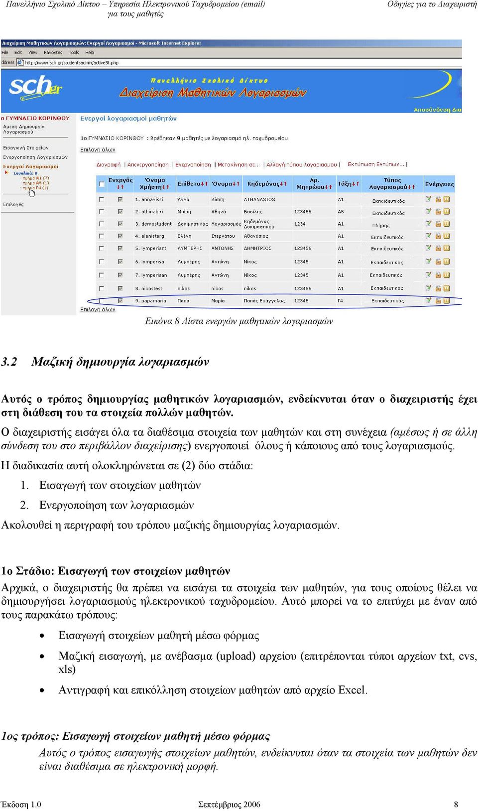 Ο διαχειριστής εισάγει όλα τα διαθέσιμα στοιχεία των μαθητών και στη συνέχεια (αμέσως ή σε άλλη σύνδεση του στο περιβάλλον διαχείρισης) ενεργοποιεί όλους ή κάποιους από τους λογαριασμούς.