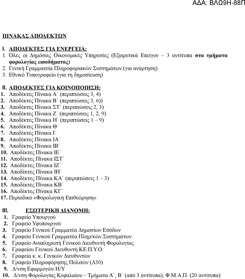 Αποδέκτες Πίνακα Β (περιπτώσεις 3, 6)) 3. Αποδέκτες Πίνακα ΣΤ (περιπτώσεις 2, 3) 4. Αποδέκτες Πίνακα Ζ (περιπτώσεις 1, 2, 9) 5. Αποδέκτες Πίνακα Η (περιπτώσεις 1 9) 6. Αποδέκτες Πίνακα Θ 7.