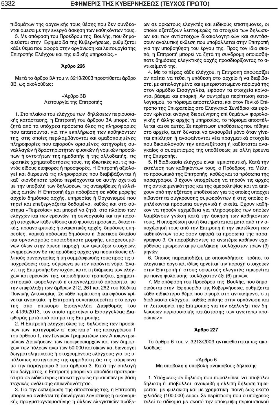 » Άρθρο 226 Μετά το άρθρο 3A του ν. 3213/2003 προστίθεται άρθρο 3B, ως ακολούθως: «Άρθρο 3B Λειτουργία της Επιτροπής 1.