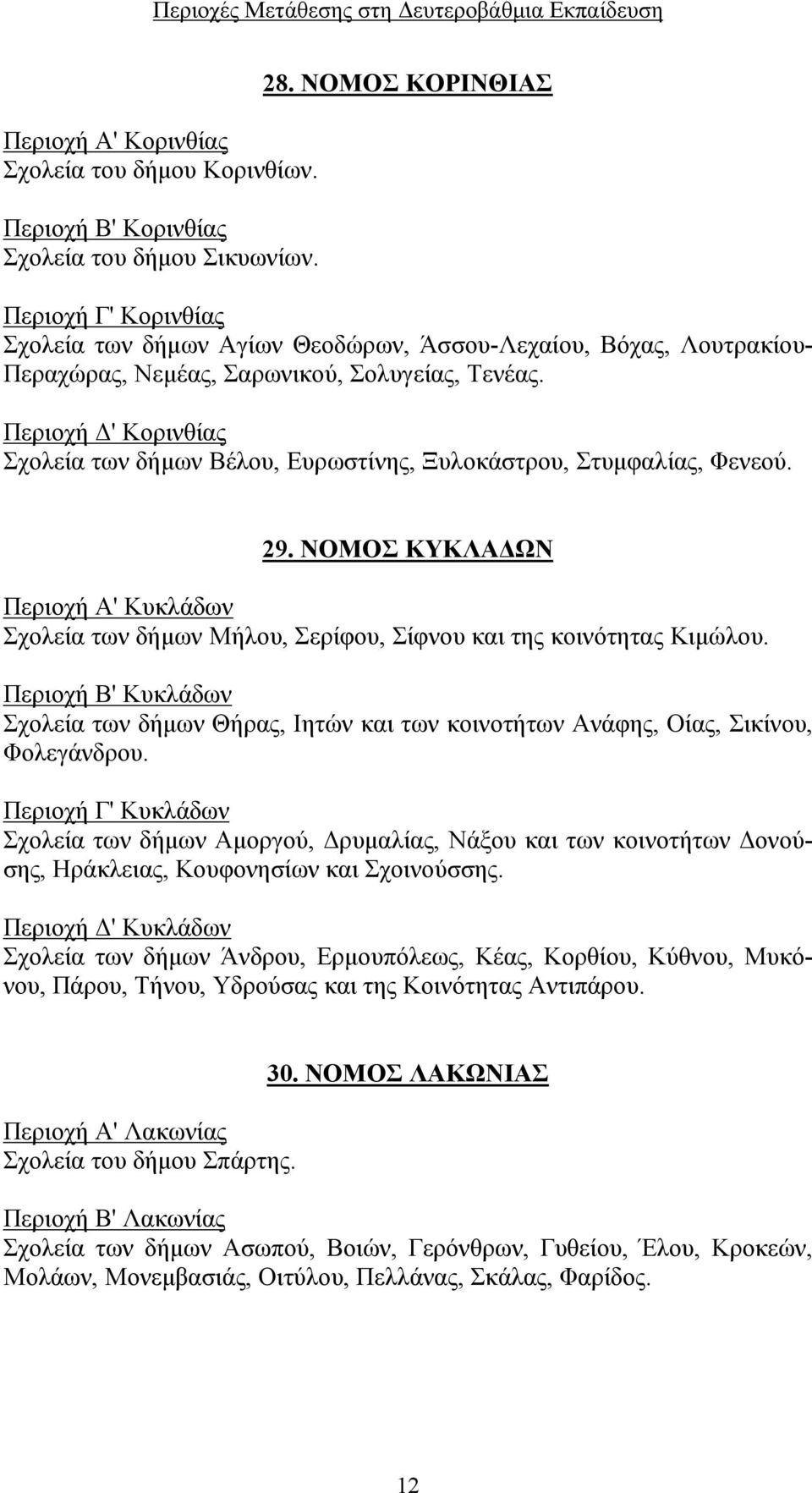 Περιοχή Δ' Κορινθίας Σχολεία των δήμων Βέλου, Ευρωστίνης, Ξυλοκάστρου, Στυμφαλίας, Φενεού. 29. ΝΟΜΟΣ ΚΥΚΛΑΔΩΝ Περιοχή Α' Κυκλάδων Σχολεία των δήμων Μήλου, Σερίφου, Σίφνου και της κοινότητας Κιμώλου.