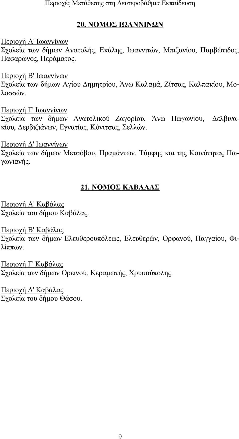 Περιοχή Β' Ιωαννίνων Σχολεία των δήμων Αγίου Δημητρίου, Άνω Καλαμά, Ζίτσας, Καλπακίου, Μολοσσών.