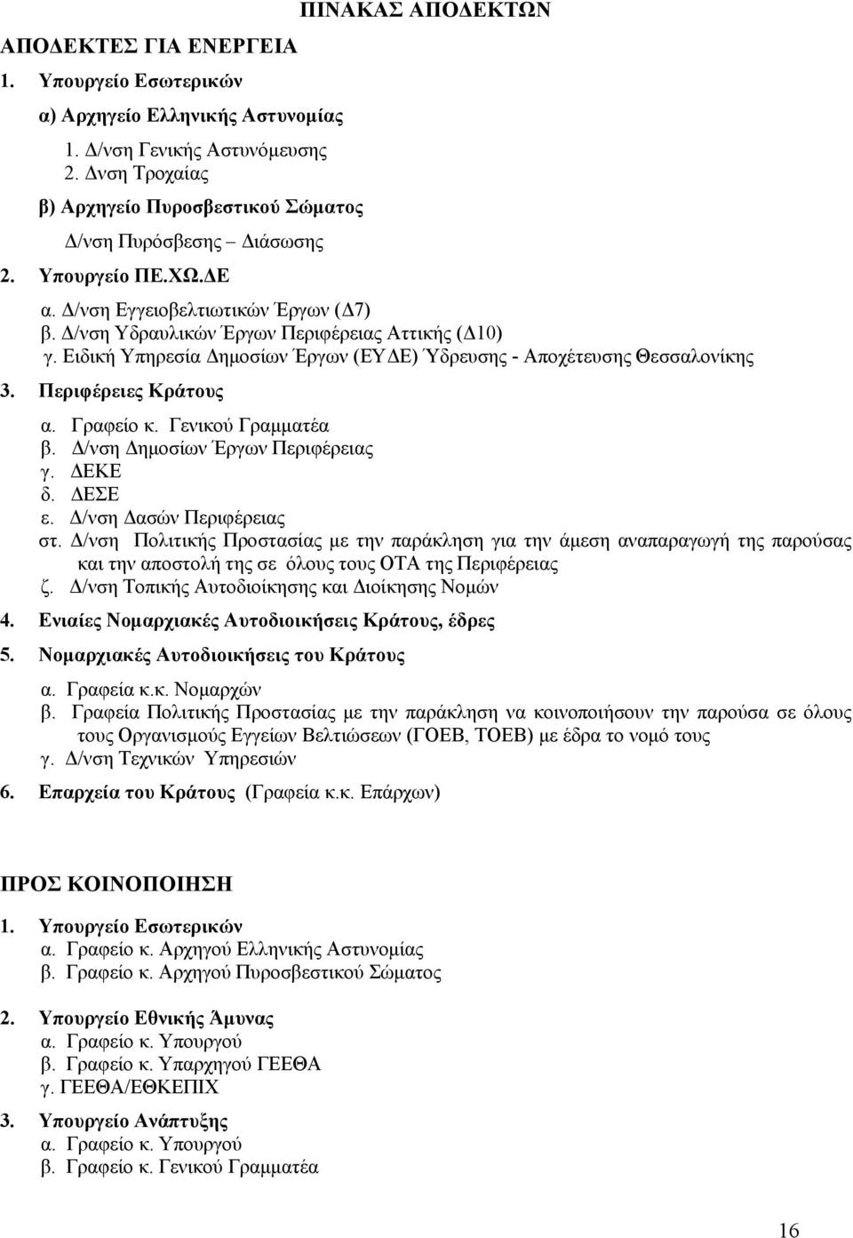 Ειδική Υπηρεσία Δημοσίων Έργων (ΕΥΔΕ) Ύδρευσης - Αποχέτευσης Θεσσαλονίκης 3. Περιφέρειες Κράτους α. Γραφείο κ. Γενικού Γραμματέα β. Δ/νση Δημοσίων Έργων Περιφέρειας γ. ΔΕΚΕ δ. ΔΕΣΕ ε.