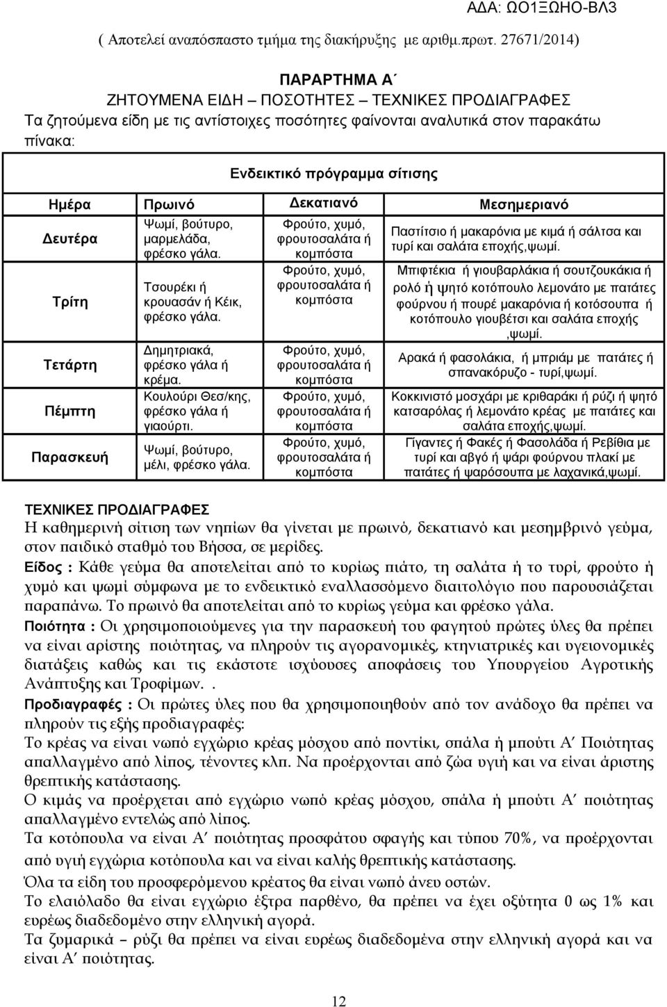 Πρωινό Δεκατιανό Μεσημεριανό Δευτέρα Τρίτη Τετάρτη Πέμπτη Παρασκευή Ψωμί, βούτυρο, μαρμελάδα, φρέσκο γάλα. Τσουρέκι ή κρουασάν ή Κέικ, φρέσκο γάλα. Δημητριακά, φρέσκο γάλα ή κρέμα.