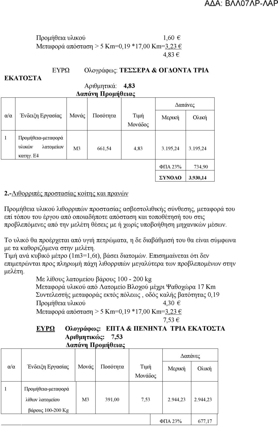 -Λιθορριπές προστασίας κοίτης και πρανών Προμήθεια υλικού λιθορριπών προστασίας ασβεστολιθικής σύνθεσης, μεταφορά του επί τόπου του έργου από οποιαδήποτε απόσταση και τοποθέτησή του στις