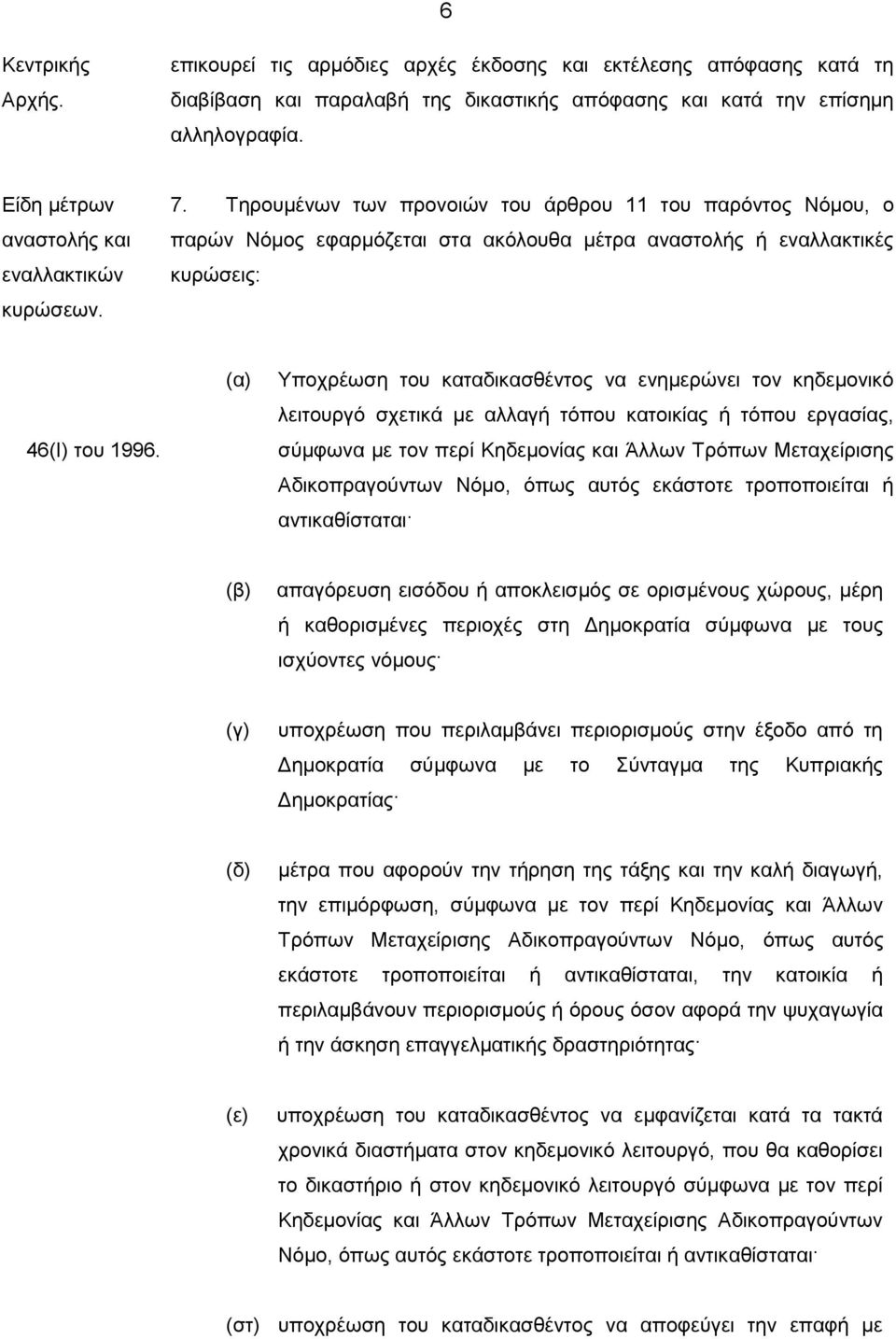 Τηρουμένων των προνοιών του άρθρου 11 του παρόντος Νόμου, ο παρών Νόμος εφαρμόζεται στα ακόλουθα μέτρα αναστολής ή εναλλακτικές κυρώσεις: 46(Ι) του 1996.