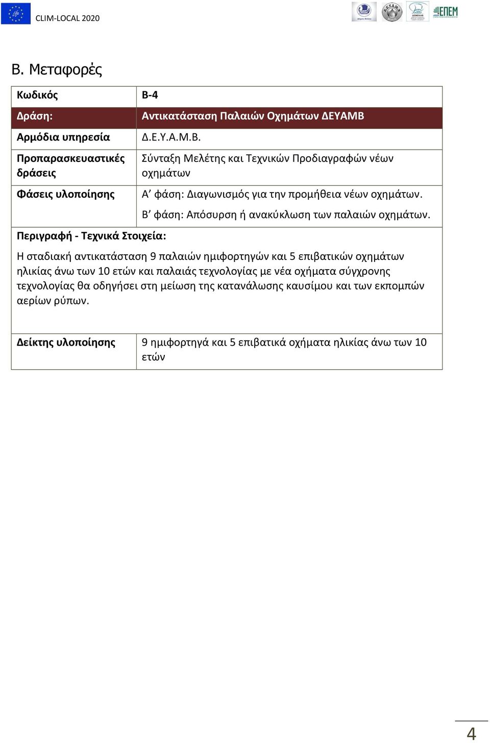 Η σταδιακή αντικατάσταση 9 παλαιών ημιφορτηγών και 5 επιβατικών οχημάτων ηλικίας άνω των 10 ετών και παλαιάς τεχνολογίας με νέα