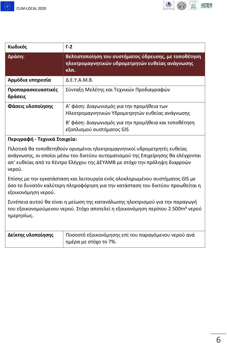 συστήματος GIS Πιλοτικά θα τοποθετηθούν ορισμένοι ηλεκτρομαγνητικοί υδρομετρητές ευθείας ανάγνωσης, οι οποίοι μέσω του δικτύου αυτοματισμού της Επιχείρησης θα ελέγχονται απ ευθείας από το Κέντρο