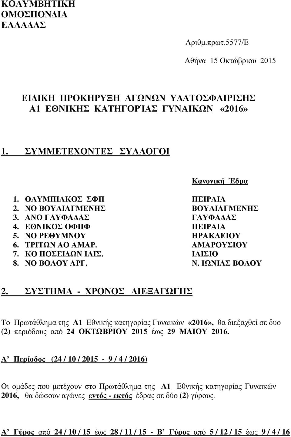 ΝΟ ΒΟΛΟΥ ΑΡΓ. Ν. ΙΩΝΙΑΣ ΒΟΛΟΥ 2. ΣΥΣΤΗΜΑ - ΧΡΟΝΟΣ ΔΙΕΞΑΓΩΓΗΣ Το Πρωτάθλημα της Α1 Εθνικής κατηγορίας Γυναικών «2016», θα διεξαχθεί σε δυο (2) περιόδους από 24 ΟΚΤΩΒΡΙΟΥ 2015 έως 29 ΜΑΙΟΥ 2016.