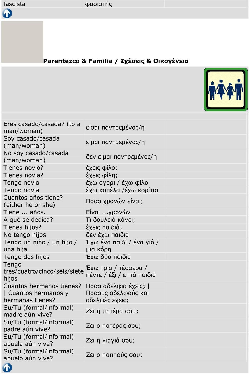 No tengo hijos Tengo un niño / un hijo / una hija Tengo dos hijos Tengo tres/cuatro/cinco/seis/siete hijos Cuantos hermanos tienes? Cuantos hermanos y hermanas tienes?