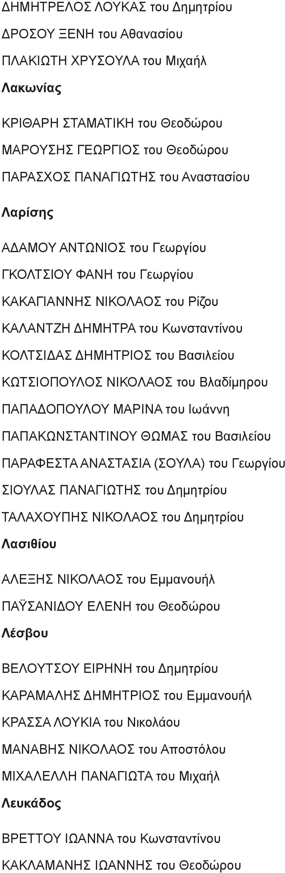 Βλαδίμηρου ΠΑΠΑΔΟΠΟΥΛΟΥ ΜΑΡΙΝΑ του Ιωάννη ΠΑΠΑΚΩΝΣΤΑΝΤΙΝΟΥ ΘΩΜΑΣ του Βασιλείου ΠΑΡΑΦΕΣΤΑ ΑΝΑΣΤΑΣΙΑ (ΣΟΥΛΑ) του Γεωργίου ΣΙΟΥΛΑΣ ΠΑΝΑΓΙΩΤΗΣ του Δημητρίου ΤΑΛΑΧΟΥΠΗΣ ΝΙΚΟΛΑΟΣ του Δημητρίου Λασιθίου