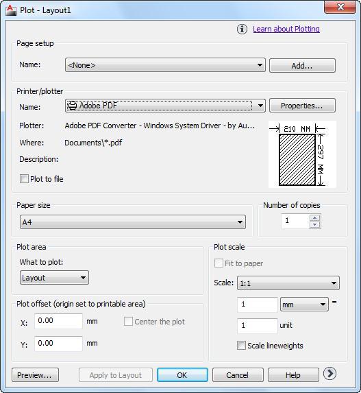 3. روش سوم: Plot Print Menu: Application menu پس از انتخاب ابزار Plot پنجره تنظیمات زیر نمایان میشود که به مهم ترین آن ها می پردازیم: Name در لیست گزینه : Printer/Plotter از این قسمت نام پرینتری که