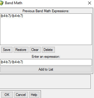 Υπολογίζουμε τον NBR: o Basic tools > Band Math, και μας ανοίγει στο οποίο πρέπει να διαμορφώσουμε τον τύπο του NBR, ο οποίος είναι : Γράφουμε τον τύπο, πατάμε add to list και μετά οκ.