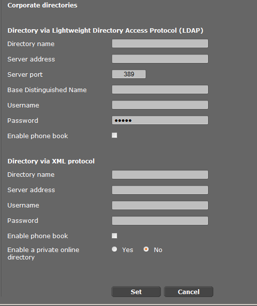 Διαμόρφωση του συστήματος στον DECT Manager Εταιρικοί τηλεφωνικοί κατάλογοι Μπορείτε να εξασφαλίσετε τους εταιρικούς online τηλεφωνικούς καταλόγους για τα ασύρματα ακουστικά σε μορφή LDAP ή XML σε