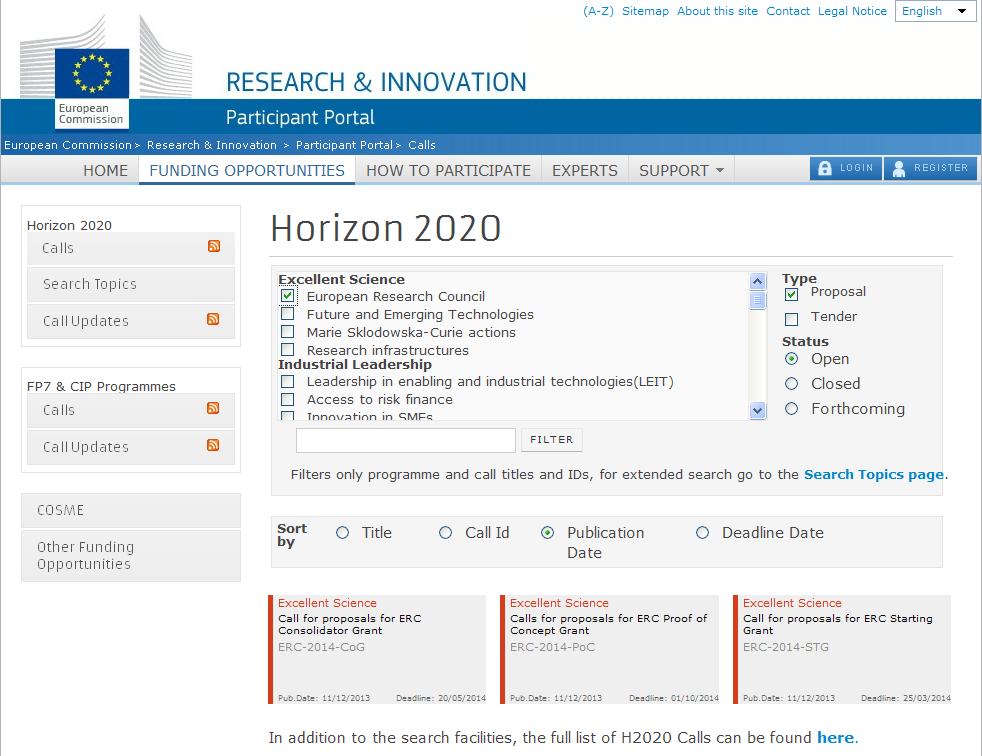 ERC-2014-Πρόγραμμα Εργασίας: Ανοικτές Προκηρύξεις http://ec.europa.