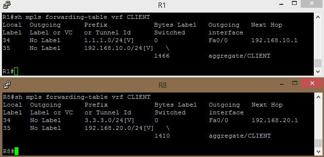 Εικόνα 49 : MPLS table R1,R8 Τέλος στην εικόνα 50 βλέπουμε πως παρόλο που έχουμε δημιουργήσει ένα εικονικό δίκτυο από μία άκρη στην άλλη, αν