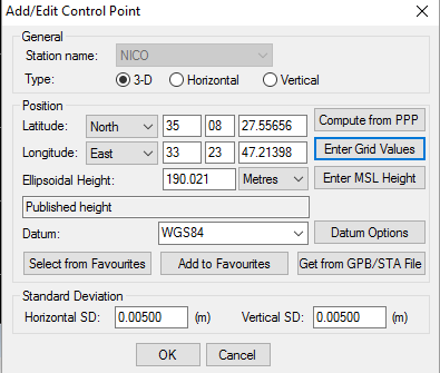 4) Εισαγωγή δορυφορικών εφημερίδων: add precise files GPS (sp3 ephemeris) 5) Τέθηκε ο NICO ως base και διορθώθηκαν οι συντεταγμένες για να είναι ο σταθμός αναφοράς δηλαδή να υπολογιστούν οι