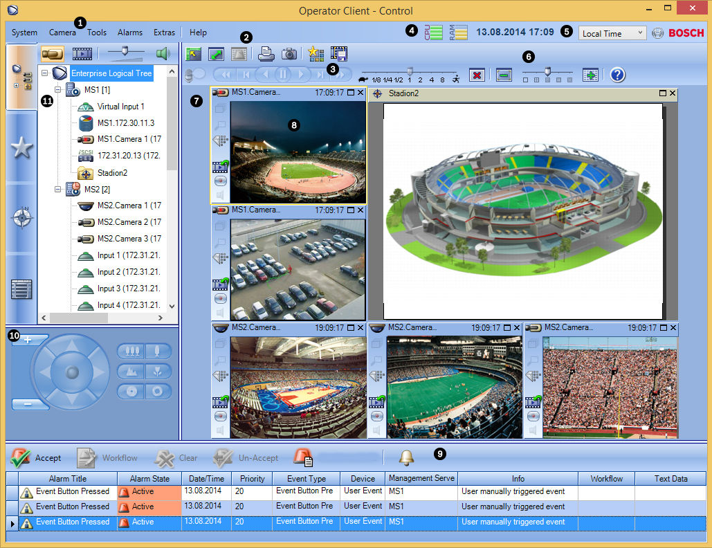 Bosch Video Management System Εισαγωγή el 19 1 Γραμμή μενού Σας επιτρέπει να επιλέξετε μια εντολή μενού. 2 Γραμμή εργαλείων Εμφανίζει τα διαθέσιμα κουμπιά.