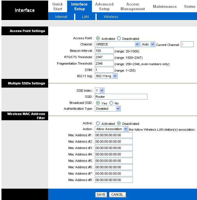 Ασύρματες ρυθμίσεις Επιλέξτε Interface (Διασύνδεση) -> Wireless (Ασύρματη) για να ρυθμίσετε τις παραμέτρους ασύρματης επικοινωνίας. SSID Το αναγνωριστικό για το δίκτυο. Μπορείτε να αλλάξετε το SSID.