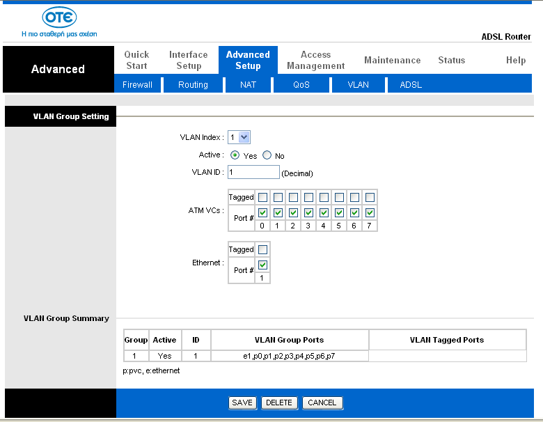 Ομάδα VLAN Επιλέξτε Advanced Setup (Ρυθμίσεις για προχωρημένους) -> VLAN->