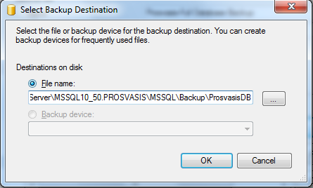 5. Αφήνουμε το προτεινόμενο default path και συμπληρώνουμε : c:\program Files\Microsoft SQL Server\MSSQL10_50.PROSVASIS\MSSQL\Backup\ProsvasisDB και πατάμε OK 6.