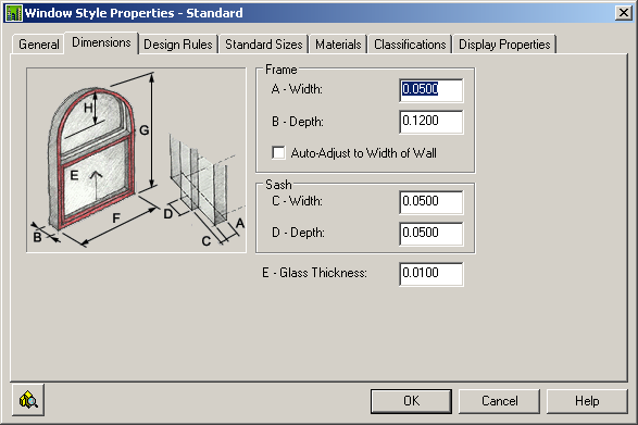 354 Αρχιτεκτονική σχεδίαση με το Autodesk Architectural Desktop Ποιο αναλυτικά, στη συγκεκριμένη καρτέλα μπορείτε να ρυθμίσετε τα εξής: Frame Κάσα. Α Width Πλάτος κάσας. B Depth Βάθος κάσας.