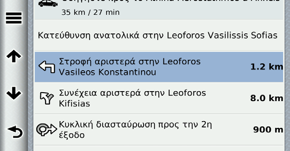 Οι σελίδες χάρτη Προβολή λίστας στροφών Κατά την πλοήγηση σε πορεία, μπορείτε να δείτε όλες τις στροφές και τους ελιγμούς για ολόκληρη την πορεία, καθώς επίσης και τις αποστάσεις μεταξύ των στροφών.