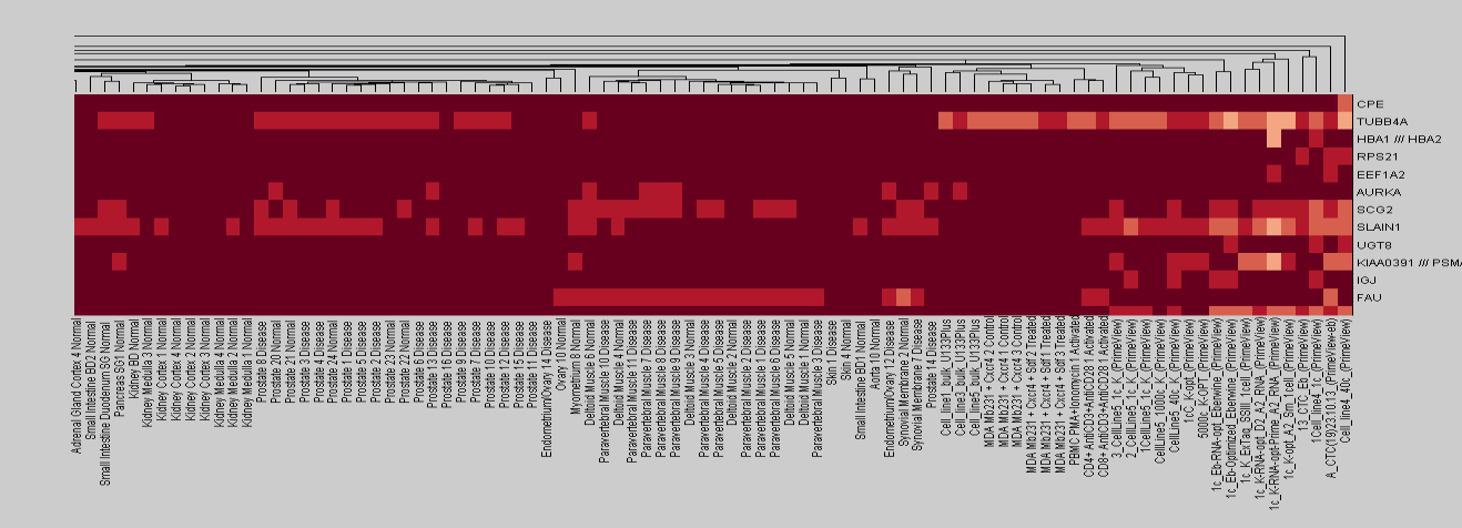 Expression Universe 2-100 γονίδια με highest Variance - Μέθοδος - Ward Παρακάτω φαίνονται ολόκληρο το Heat map, και διάφορα στιγμιότυπα του, που περιέχουν ενδεικτικές πληροφορίες.