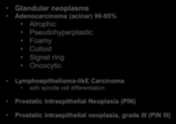 Intraepithelial Neoplasia (PIN) Prostatic intraepithelial neoplasia, grade III (PIN III) Ductal adenocarcinoma Cribriform Papillary Solid