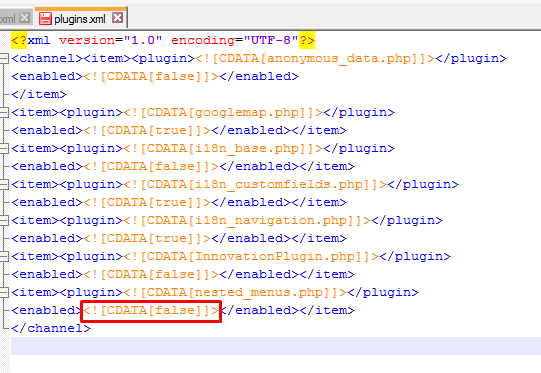 Αλ αιιάμσ ην αξρείν plugins.xml ζα έρεη άκεζν αληίθηππν θ ζην backend. Π.ρ ην item nested_menus ζα αιιάμσ ηελ ηηκή ηνπ enabled απφ false ζε true Γειαδή ην : <item> <plugin><![cdata[nested_menus.