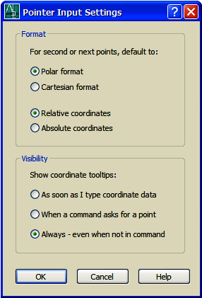 20 AutoCAD 2006 Αναβάθµιση Περιοχή Pointer Input. Πατώντας το κουµπί Settings της περιοχής Pointer Input εµφανίζεται το πλαίσιο διαλόγου Pointer Input Settings.